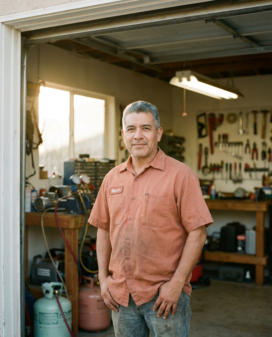 Hector Renteria in his home garage shop in Bakersfield, late afternoon