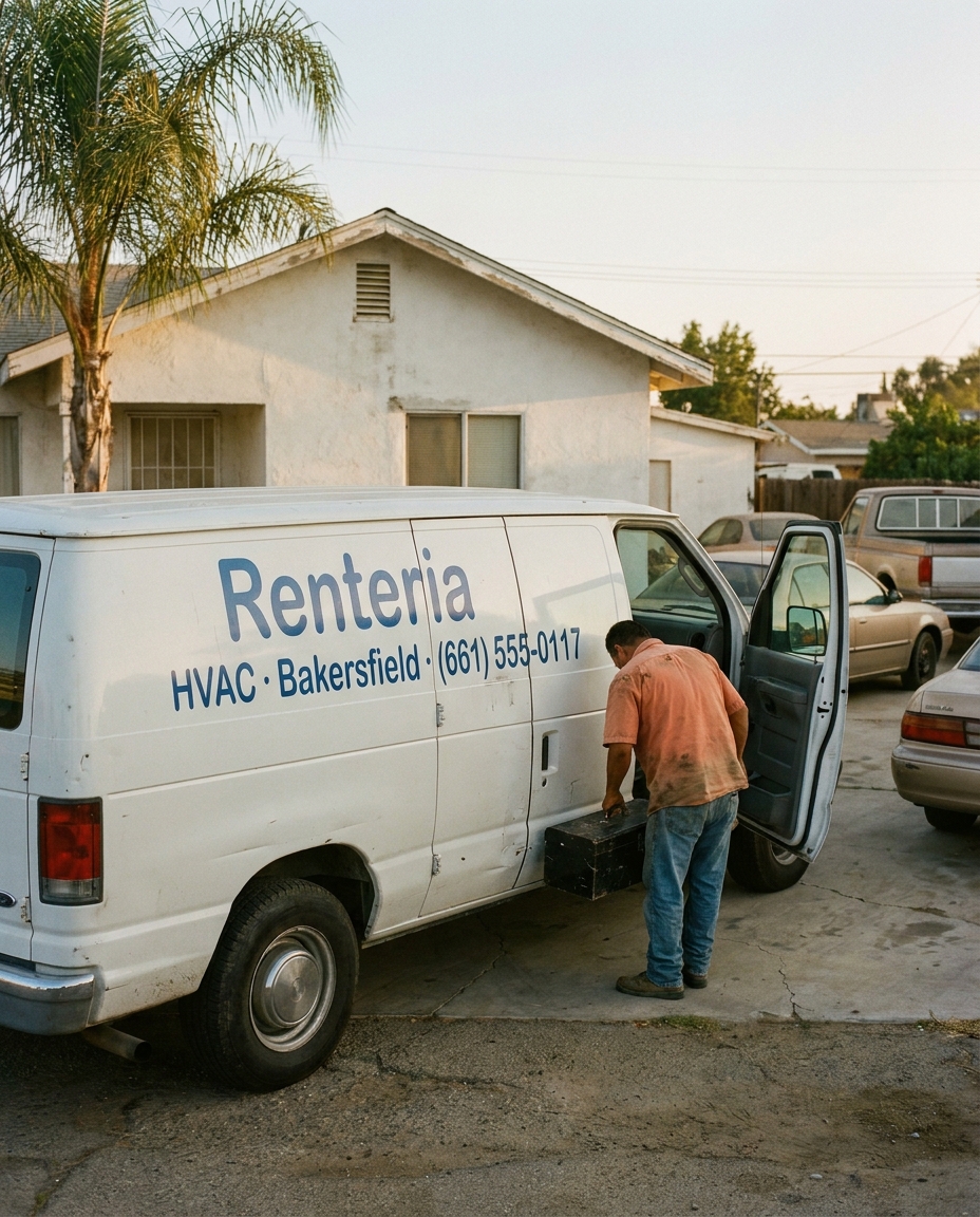 The original 2002 Ford E-150 cargo van with hand-painted Renteria HVAC lettering, parked in a 2007 Bakersfield driveway