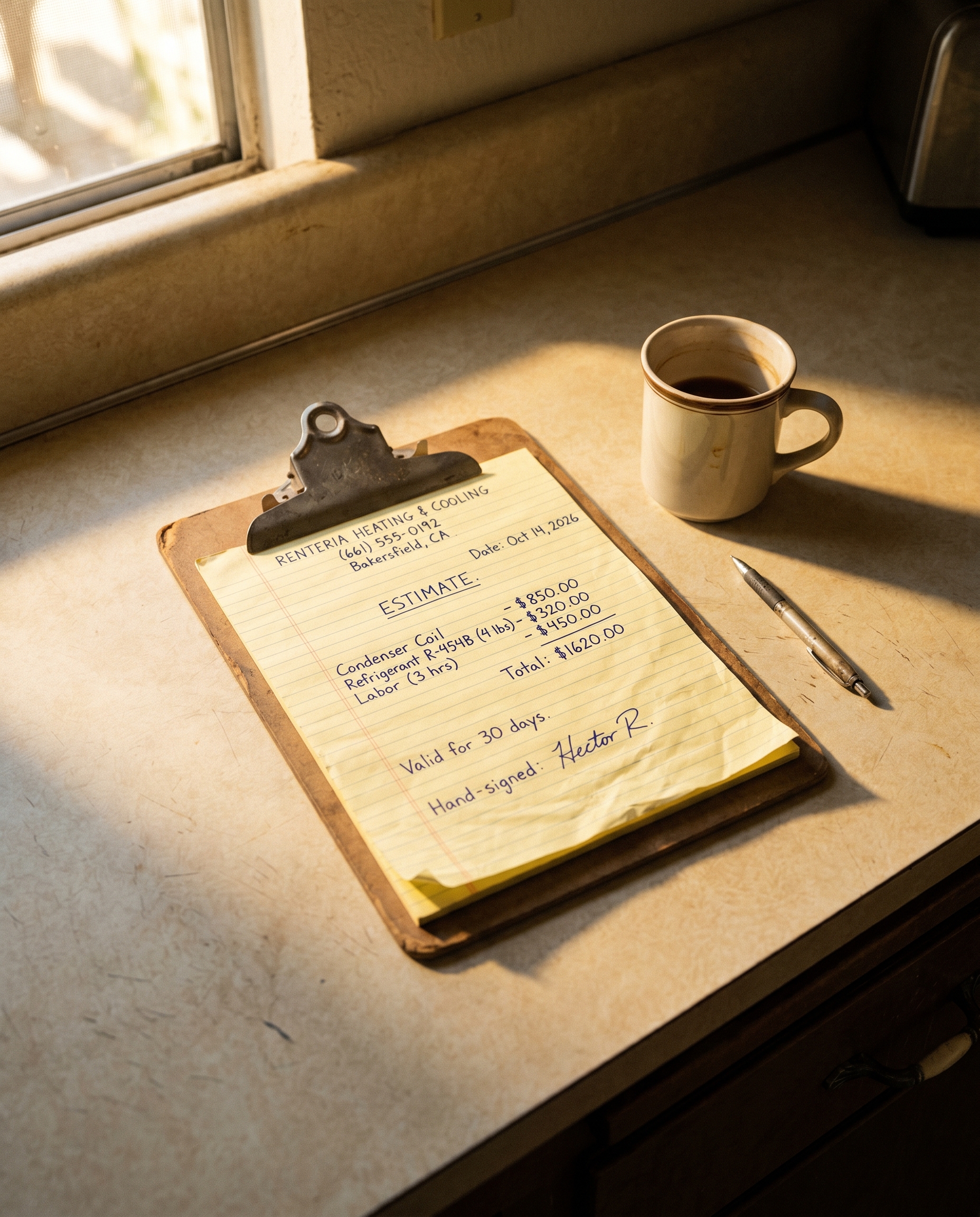 Handwritten Renteria HVAC estimate on a wooden clipboard, signed Hector R., on a kitchen counter