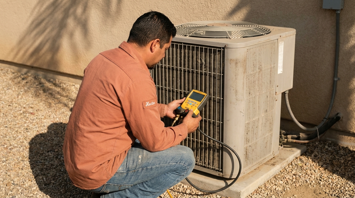 Technician in clay-orange work shirt checking refrigerant manifold gauges on a residential AC condenser