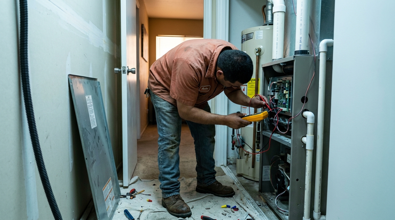 Technician working on a residential gas furnace in a small Bakersfield utility closet