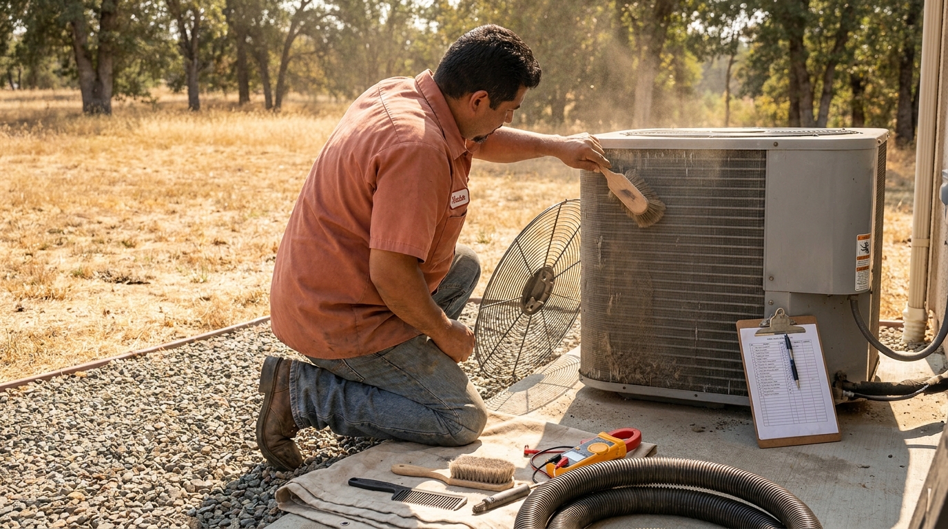 Technician cleaning AC condenser coil during a routine residential tune-up